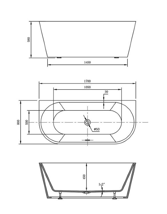Ванна акриловая Vincea 170 x 80 x 58 см, слив-перелив в комплекте, белый, VBT-421-1700, прямоугольная, пристенная